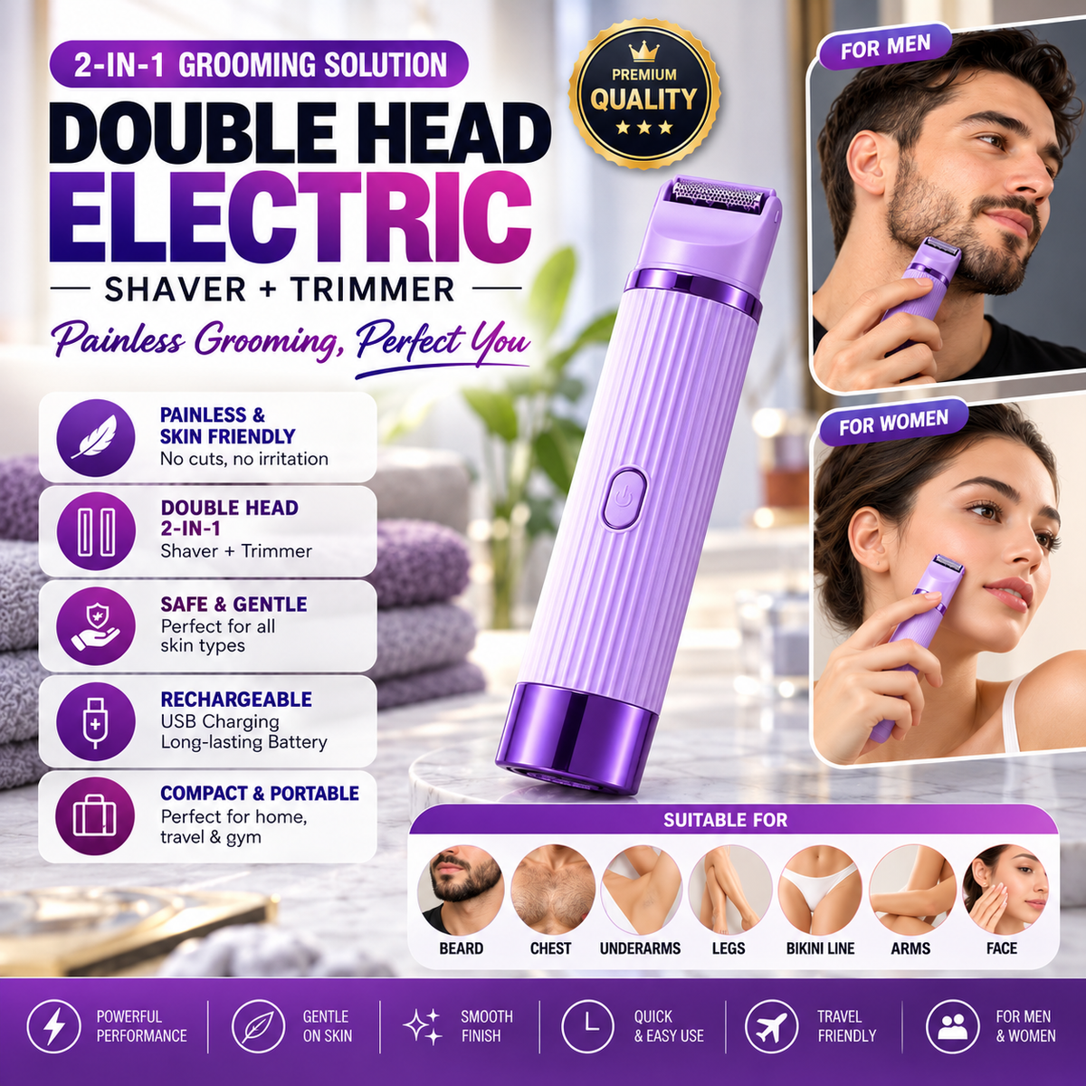 2-in-1 Electric Shaver & Trimmer – USB Rechargeable Double Head Hair Remover for Women & Men