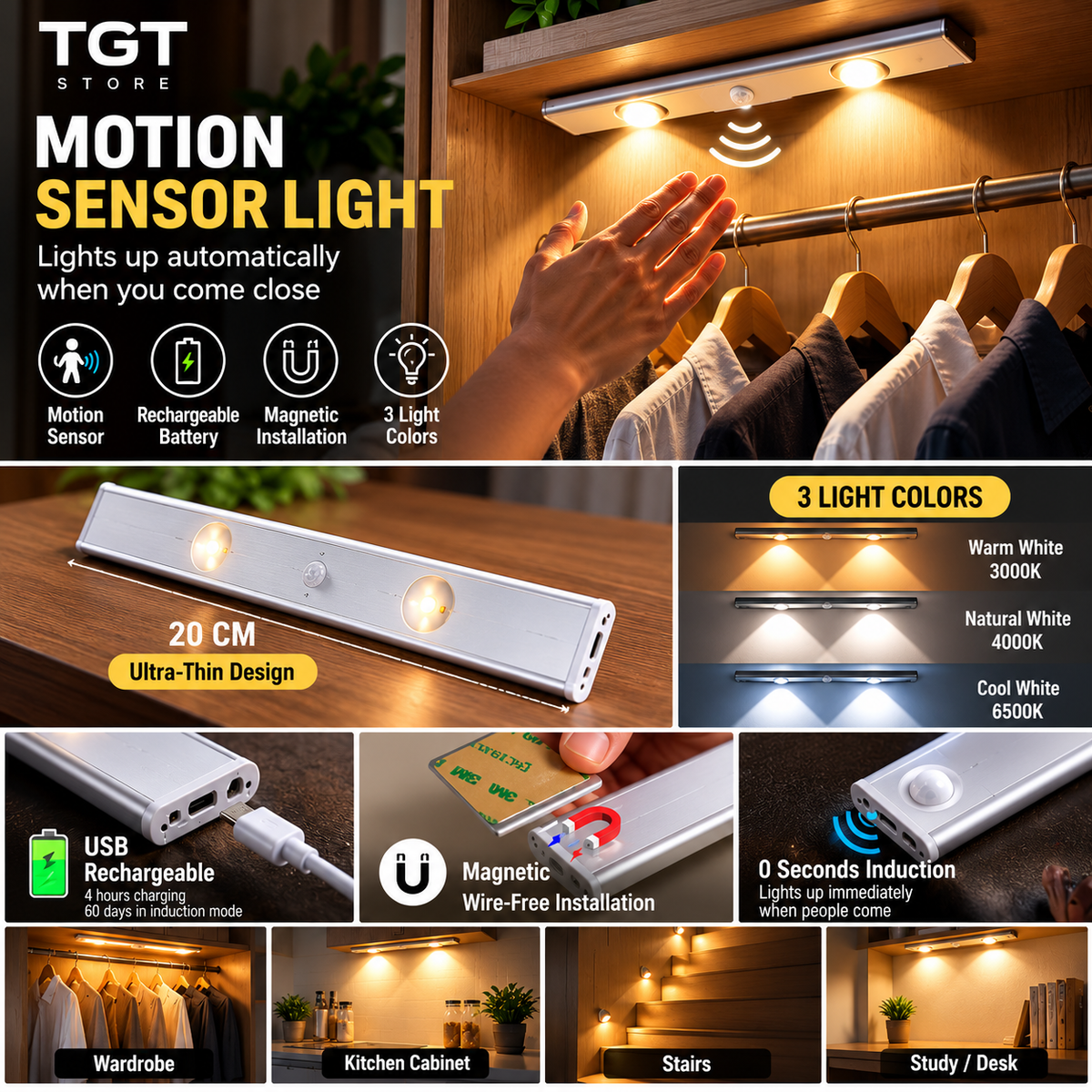 Rechargeable Thin Motion Sensor Light - 8 (INCHES)