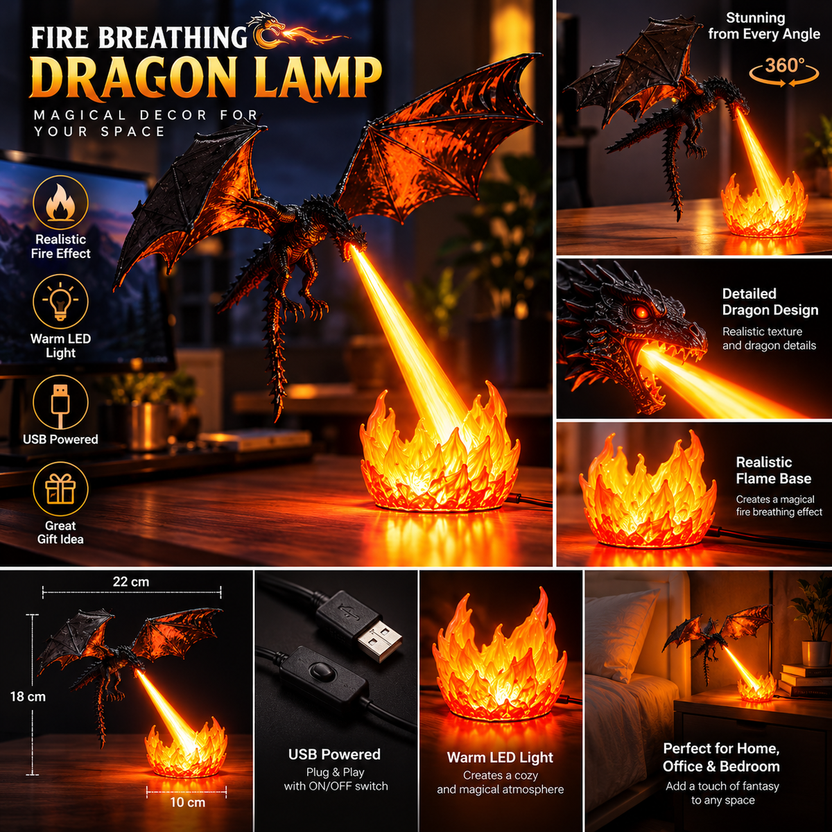 Fire Breathing Dragon LED Lamp – Magical Desk & Room Decor