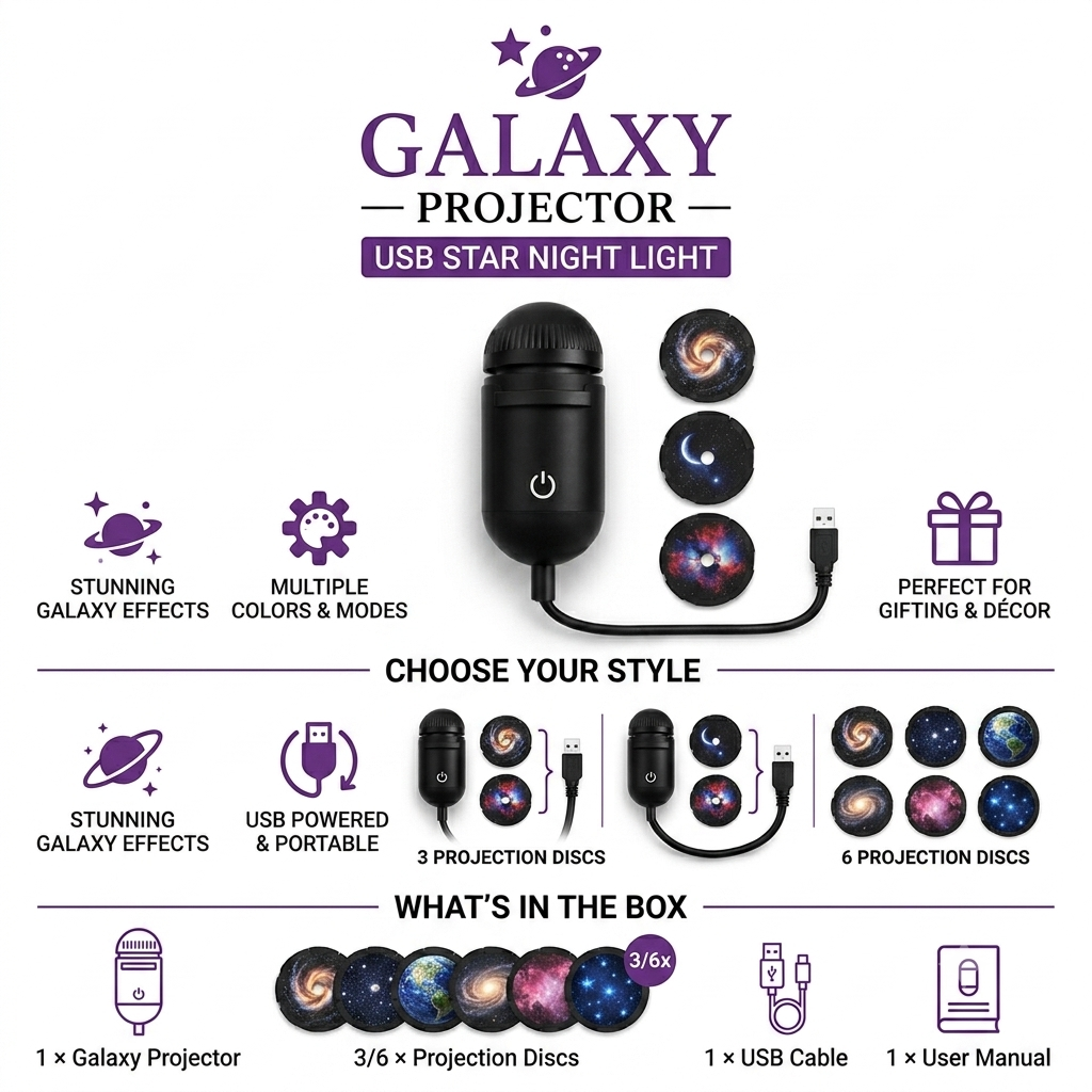 Galaxy Planet Projector Night Light with Sliding Projection Films- 3 In 1